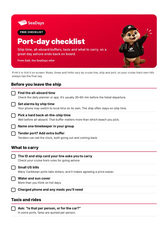 Preview of the first page of the SeaDays port-day checklist