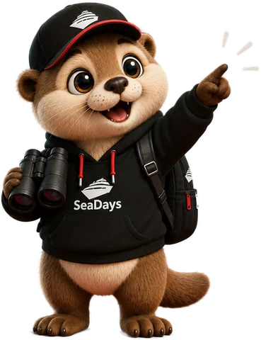 Saili the SeaDays otter pointing the way, with binoculars