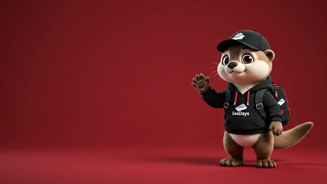 Saili, the SeaDays mascot, waving in a branded hoodie and backpack