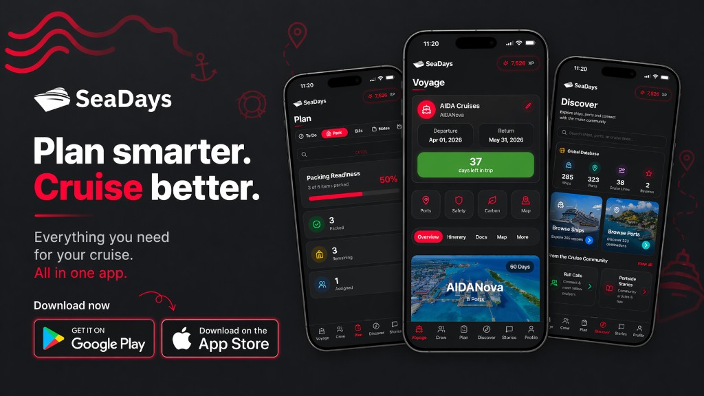 SeaDays dark charcoal grid marketing banner highlighting Plan smarter, Cruise better, All in one app